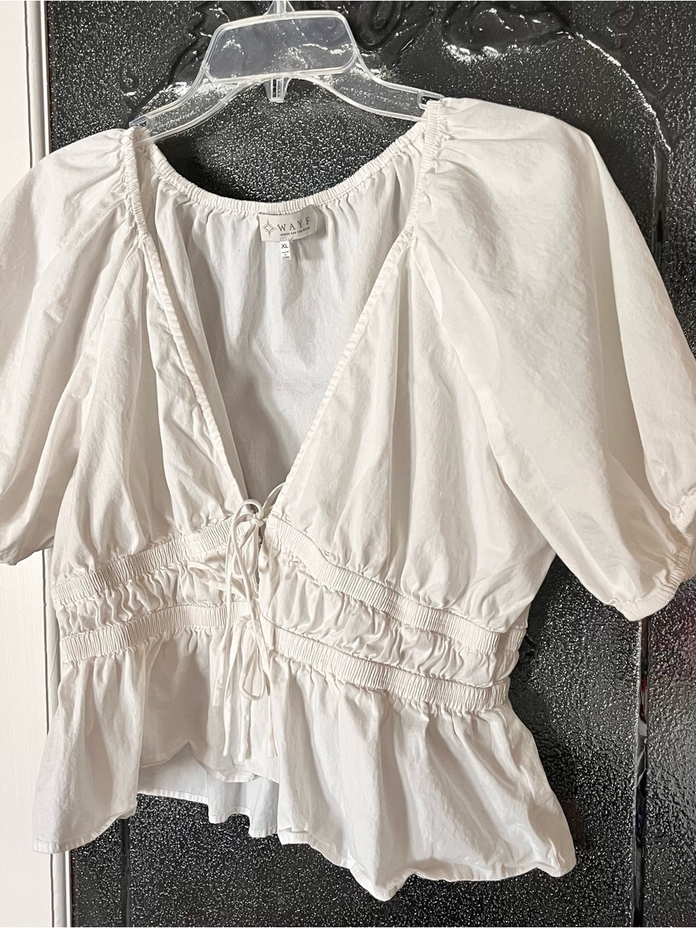 WAYF White Puff Sleeve Peplum Blouse XL Lace Up Smocked Cotton Cottagecore Top